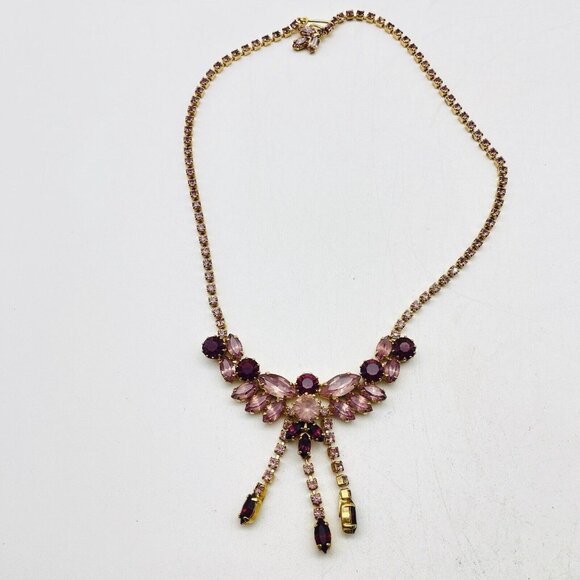 Pink Purple Rhinestone Choker Necklace Gold Tone Glam Bling Sparkle Holiday Gift - Picture 2 of 8